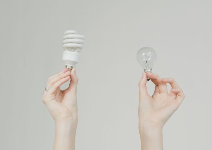 Hands hold incandescent and spiral light bulbs