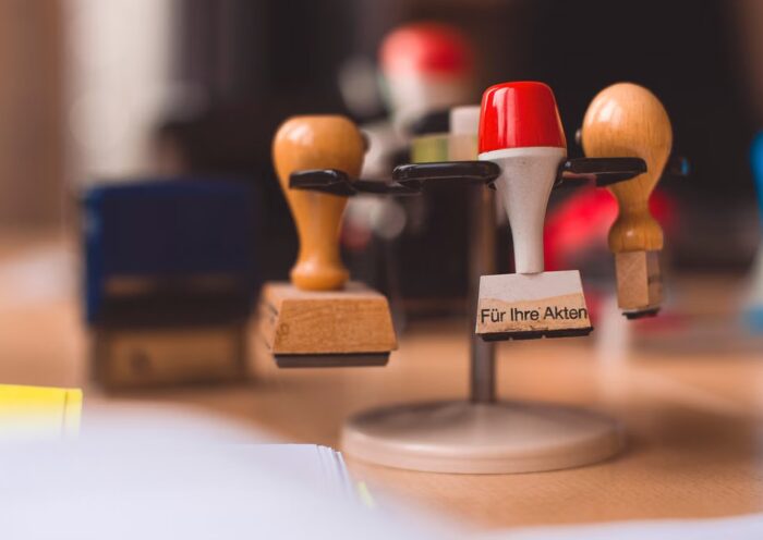 Rubber stamps on a wooden table