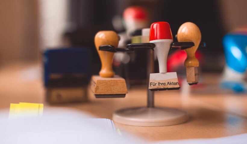 Rubber stamps on a wooden table