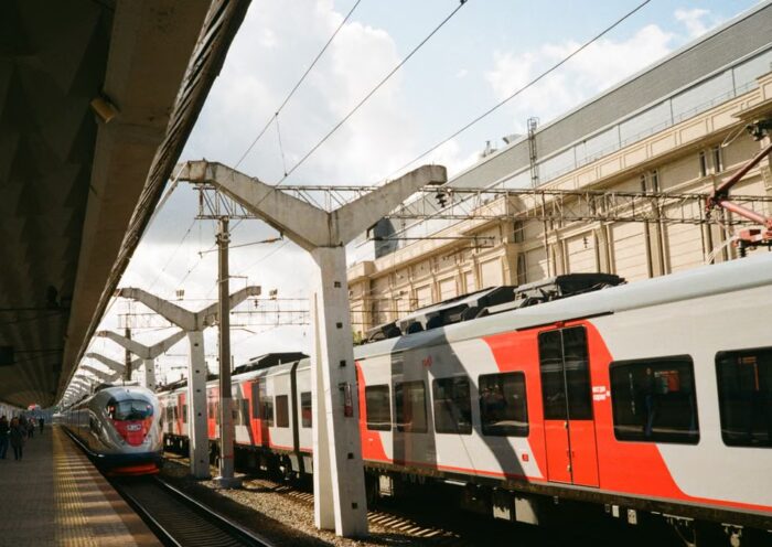 Train at a busy railway station platform