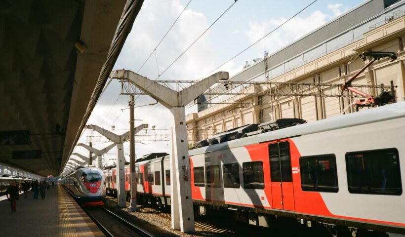 Train at a busy railway station platform