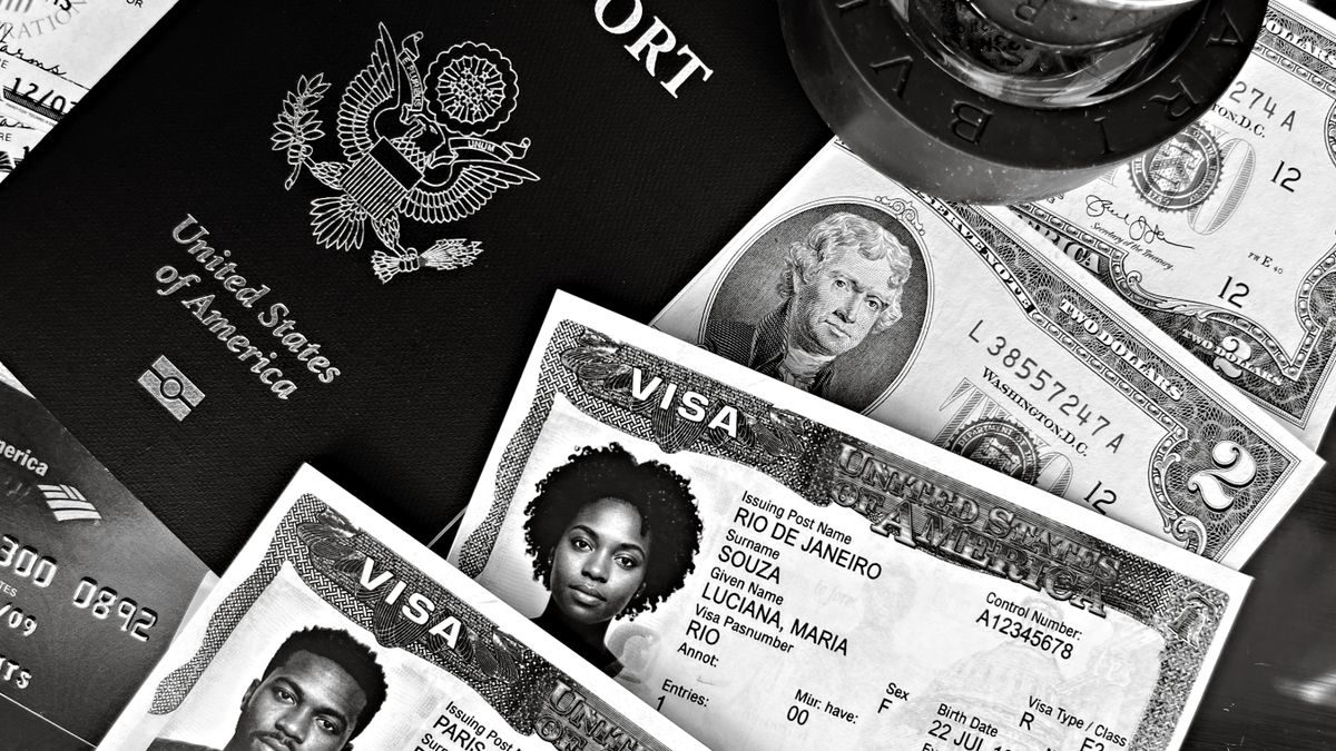 A black and white composition of a US passport, visas, and currency