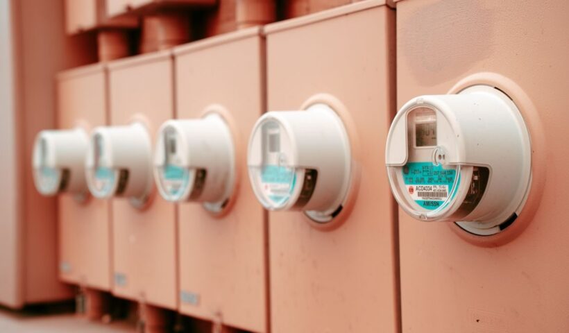 Close-up view of a row of industrial electricity meters for power monitoring and technology